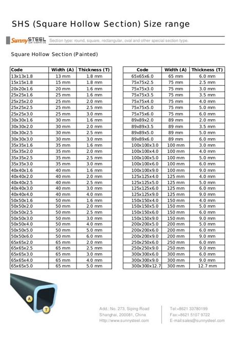 steel box beam sizes|shs steel sizes chart.